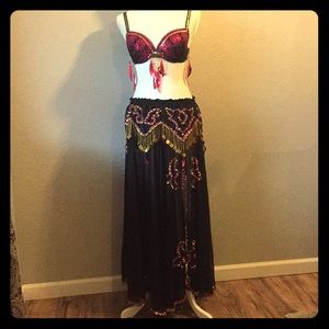 2pc set: Sequin bra & skirt black, fuchsia & gold